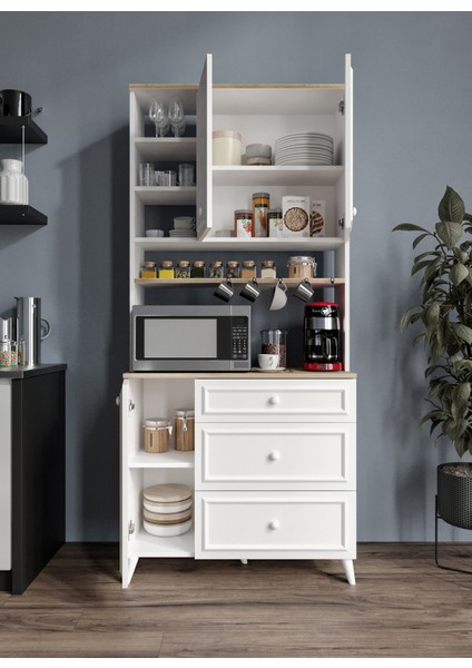 Stella Country Kahve Köşesi Beyaz-Meşe 90CM, Erzak Dolabı, Kiler Dolabı, Çok Amaçlı Mutfak Dolabı