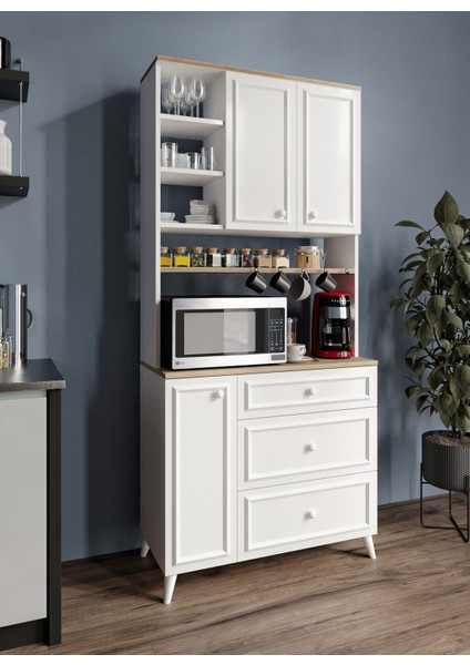 Stella Country Kahve Köşesi Beyaz-Meşe 90CM, Erzak Dolabı, Kiler Dolabı, Çok Amaçlı Mutfak Dolabı fiyatları