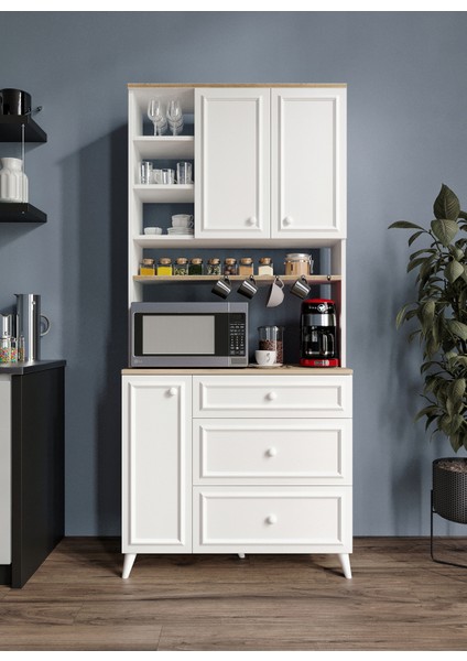 Stella Country Kahve Köşesi Beyaz-Meşe 90CM, Erzak Dolabı, Kiler Dolabı, Çok Amaçlı Mutfak Dolabı fırsatları