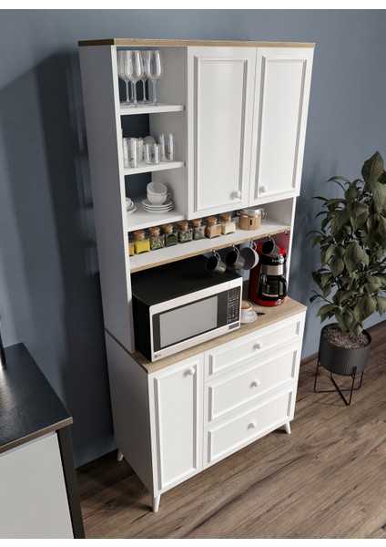 Stella Country Kahve Köşesi Beyaz-Meşe 90CM, Erzak Dolabı, Kiler Dolabı, Çok Amaçlı Mutfak Dolabı indirimleri