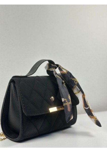 Celestia Milano Siyah Fular Detaylı Zincir Askılı Süet Kadın El Kol ve Omuz Çantası