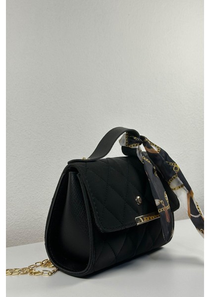 Celestia Milano Siyah Fular Detaylı Zincir Askılı Süet Kadın El Kol ve Omuz Çantası