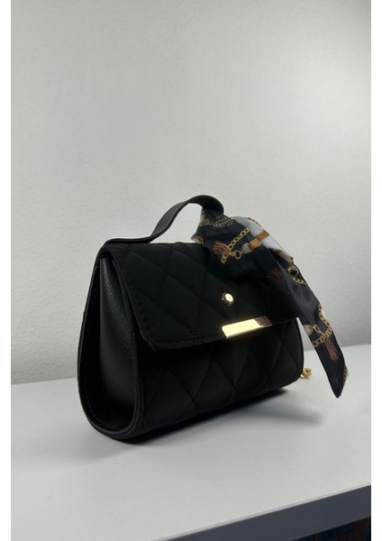 Celestia Milano Siyah Fular Detaylı Zincir Askılı Süet Kadın El Kol ve Omuz Çantası