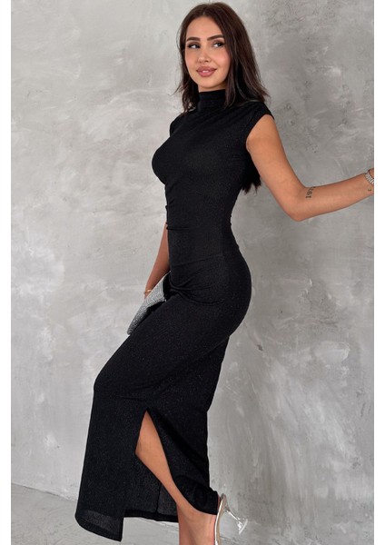 Drapeli Midi Boy Sim Detaylı Elbise Siyah