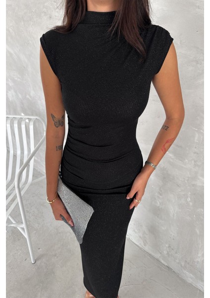 Drapeli Midi Boy Sim Detaylı Elbise Siyah modelleri