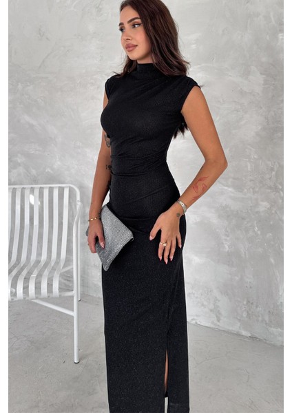 Drapeli Midi Boy Sim Detaylı Elbise Siyah fırsatları