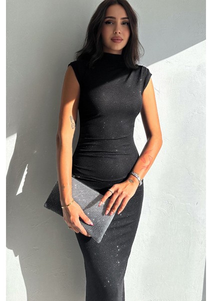 Drapeli Midi Boy Sim Detaylı Elbise Siyah