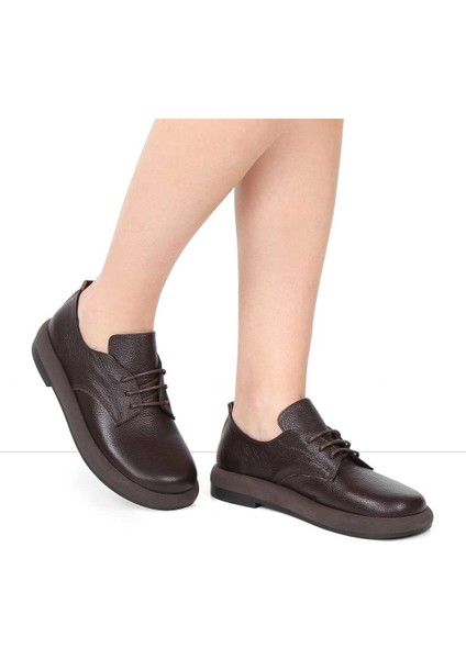 Kadın Kahverengi Bağcıklı Kalın Tabanlı Deri Ayakkabı fiyatları