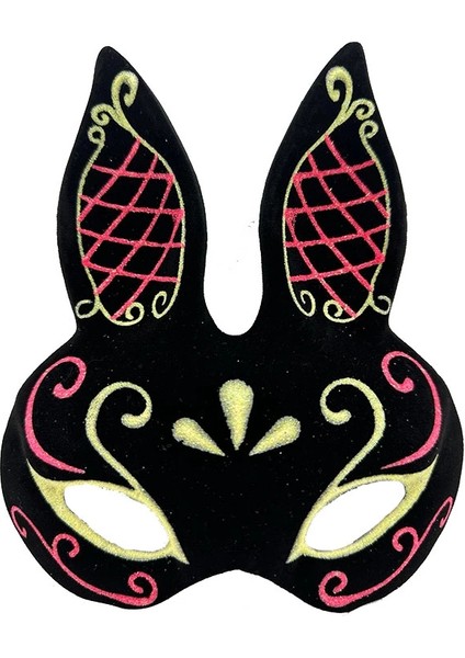 Siyah Renk Kırmızı Gold Simli Siyah Süet Kaplama Tavşan Maskesi 18X16 cm