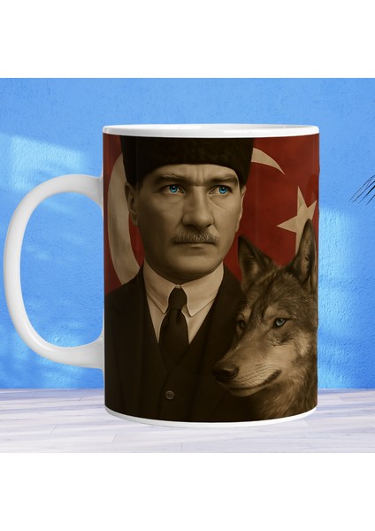 Atatürk ve Bozkurt Temalı Porselen Kupa Bardak – Vova Koleksiyon Serisi – 330 ml