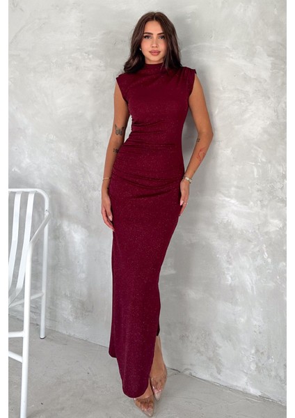 Drapeli Midi Boy Sim Detaylı Elbise Bordo