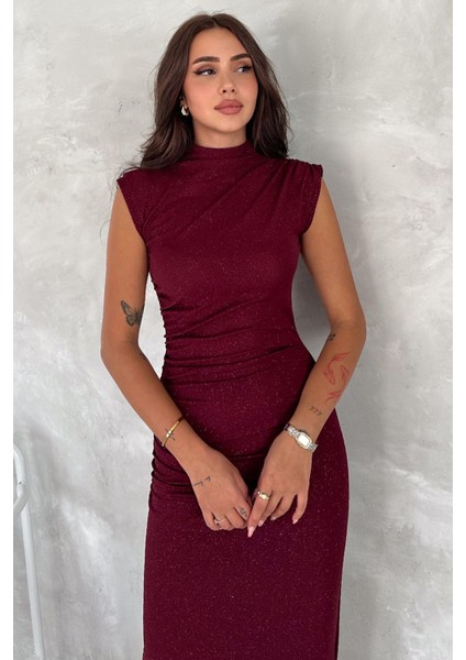 Drapeli Midi Boy Sim Detaylı Elbise Bordo fiyatları