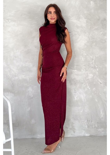 Drapeli Midi Boy Sim Detaylı Elbise Bordo modelleri