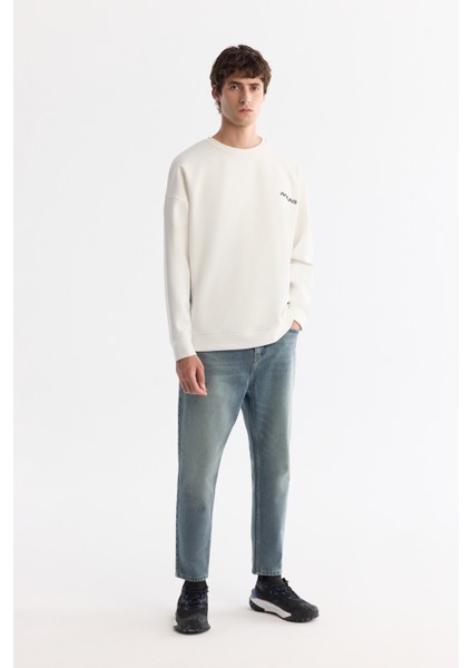 Erkek Ekru Bisiklet Yaka Elastan Oversize Fit Sweatshirt A42Y1248