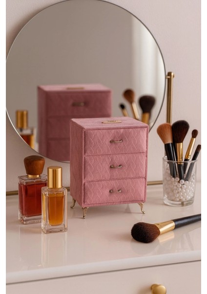 Dekoratif 3 Çekmeceli Kadife Takı Bijuteri Mücevher Kutusu Organizer Düzenleyici Pembe