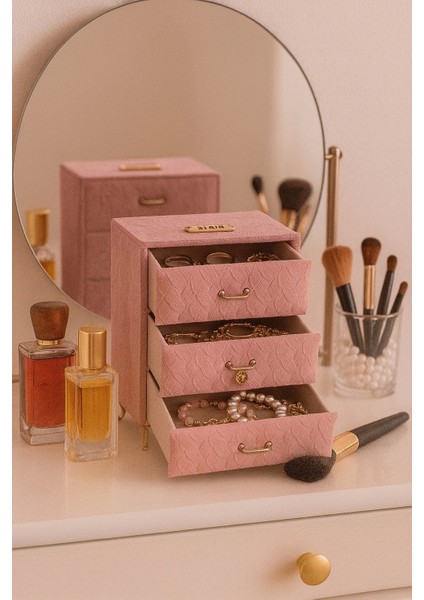 Dekoratif 3 Çekmeceli Kadife Takı Bijuteri Mücevher Kutusu Organizer Düzenleyici Pembe modelleri