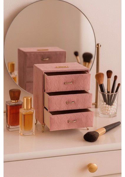 Dekoratif 3 Çekmeceli Kadife Takı Bijuteri Mücevher Kutusu Organizer Düzenleyici Pembe fırsatları