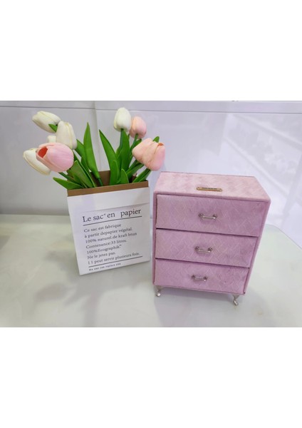 Dekoratif 3 Çekmeceli Kadife Takı Bijuteri Mücevher Kutusu Organizer Düzenleyici Pembe indirimleri