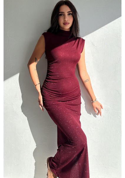 Drapeli Midi Boy Sim Detaylı Elbise Bordo fırsatları