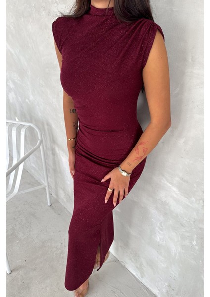 Drapeli Midi Boy Sim Detaylı Elbise Bordo