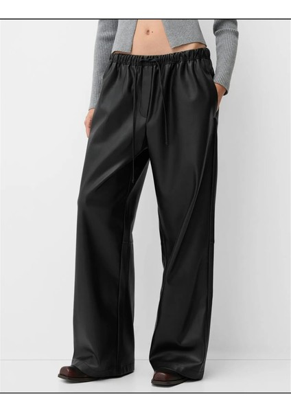 Allbucks Bershka, Beli Lastikli Suni Deri Bol Pantolon ABBRS1011