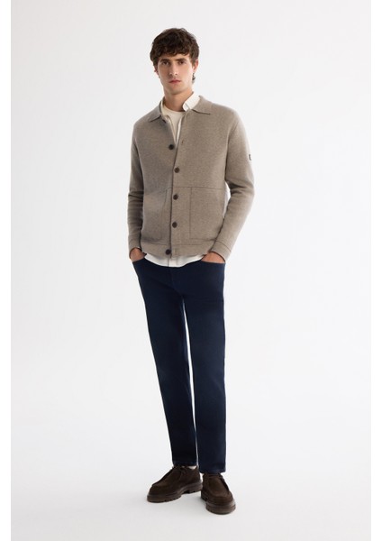 Erkek Vizon Polo Yaka Yün Karışımlı Kanguru Cepli Triko Regular Fit Hırka A42Y5141