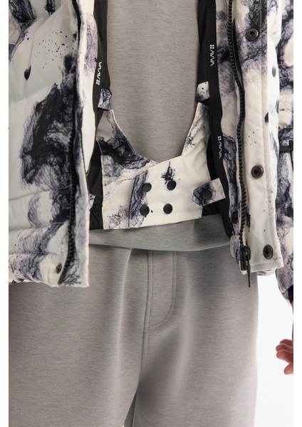 Erkek Siyah-Beyaz Çıkma Kapüşonlu Su İtici Rüzgar Geçirmez Kürk Detaylı Comfort Fit KayakMontu A42Y6088