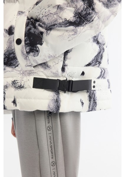 Erkek Siyah-Beyaz Çıkma Kapüşonlu Su İtici Rüzgar Geçirmez Kürk Detaylı Comfort Fit KayakMontu A42Y6088