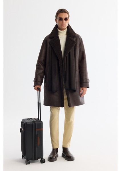 Erkek Kahve Kürklü Mono Yaka Deri Görünümlü Uzun Napa Comfort Fit Kaban A42Y6125