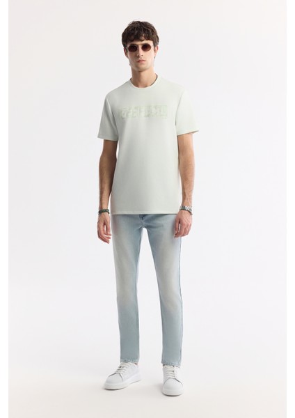 Erkek Su Yeşili Bisiklet Yaka Baskılı Bi-Stretch İnterlok Regular Fit T-Shirt A51Y1044