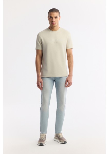 Erkek Bej Bisiklet Yaka Baskılı Bi-Stretch İnterlok Regular Fit T-Shirt A51Y1132