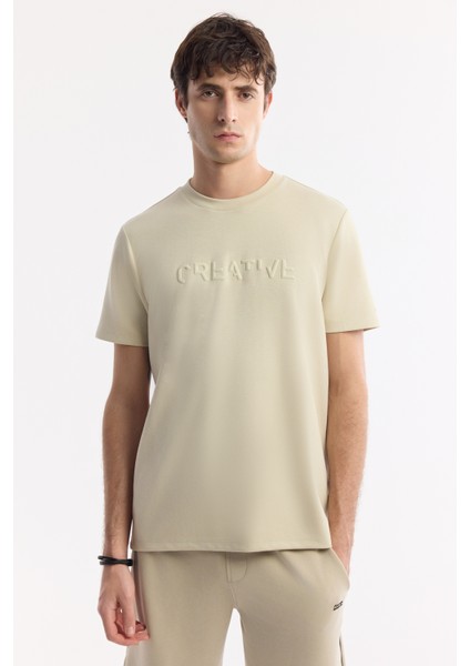 Erkek Bej Bisiklet Yaka Baskılı Bi-Stretch İnterlok Regular Fit T-Shirt A51Y1131