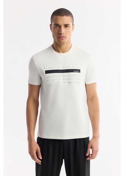 Erkek Ekru Bisiklet Yaka Baskılı Bi-Stretch İnterlok Regular Fit T-Shirt A51Y1002