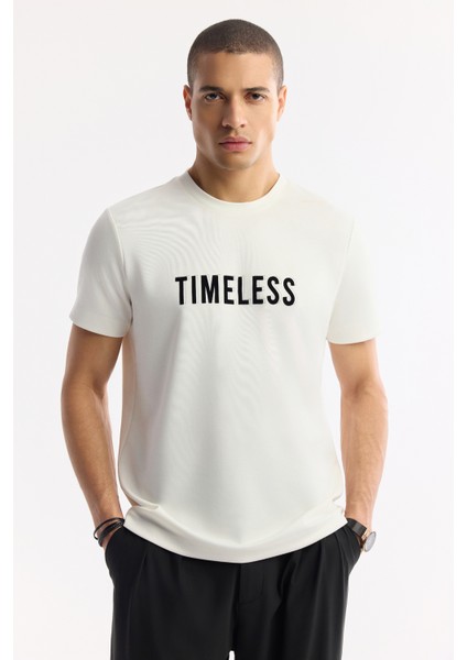 Erkek Ekru Bisiklet Yaka Baskılı Bi-Stretch İnterlok Regular Fit T-Shirt A51Y1166