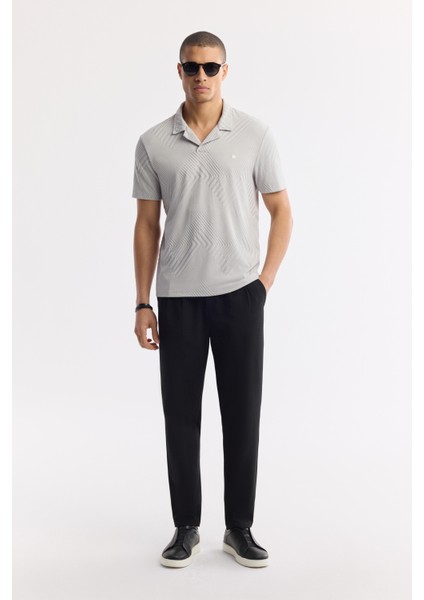 Erkek Gri Apaj Yaka Çizgili Jakarlı Elastan Regular Fit T-Shirt A51Y1145