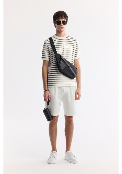 Erkek Beyaz Bisiklet Yaka Çizgili Jakarlı Regular Fit T-Shirt A51Y1149