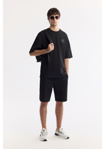 Erkek Siyah Bisiklet Yaka Baskılı Bi-Stretch 2 İplik Oversize Fit T-Shirt A51Y1082