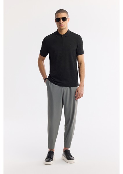 Erkek Siyah Polo Yaka Jakarlı Elastan Regular Fit T-Shirt A51Y1059