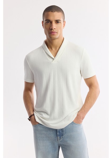 Erkek Ekru Şal Yaka Viskon Karışımlı Jakarlı Regular Fit T-Shirt A51Y1071