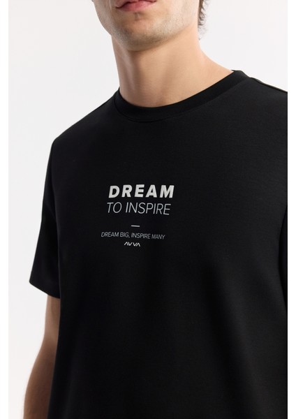 Erkek Siyah Bisiklet Yaka Baskılı Bi-Stretch İnterlok Regular Fit T-Shirt A51Y1140