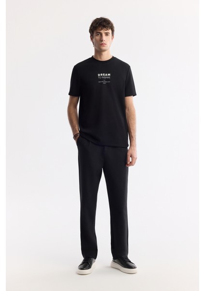 Erkek Siyah Bisiklet Yaka Baskılı Bi-Stretch İnterlok Regular Fit T-Shirt A51Y1140