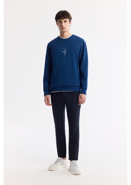Erkek Regular Fit Lacivert Bisiklet Yaka Baskılı Bi-Stretch İnterlok Sweatshirt A51Y1235