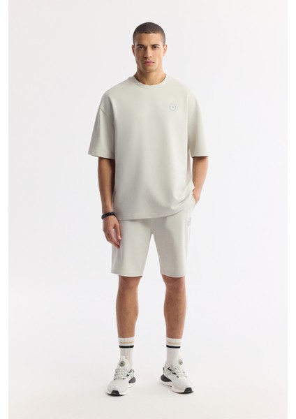 Erkek Taş Bisiklet Yaka Baskılı Bi-Stretch 2 İplik Oversize Fit T-Shirt A51Y1082