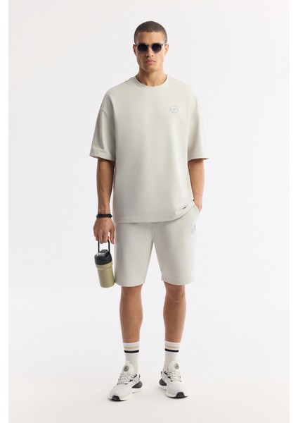 Erkek Taş Bisiklet Yaka Baskılı Bi-Stretch 2 İplik Oversize Fit T-Shirt A51Y1082