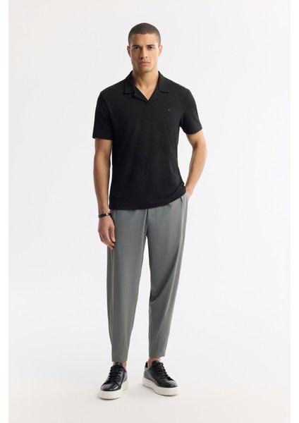 Erkek Siyah Apaj Yaka Çizgili Jakarlı Elastan Regular Fit T-Shirt A51Y1145