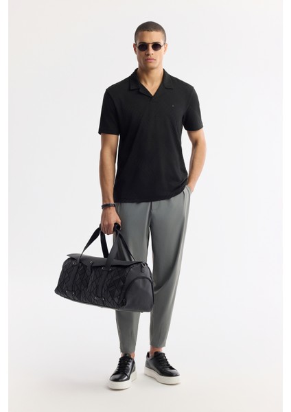 Erkek Siyah Apaj Yaka Çizgili Jakarlı Elastan Regular Fit T-Shirt A51Y1145