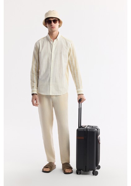 Erkek Bej Düğmeli Yaka Çizgili Keten Karışımlı Comfort Fit Gömlek A51Y2035