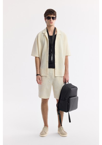 Erkek Ekru Apaj Yaka Pamuklu Jakarlı Kısa Kol Oversize Fit Gömlek A51Y2016