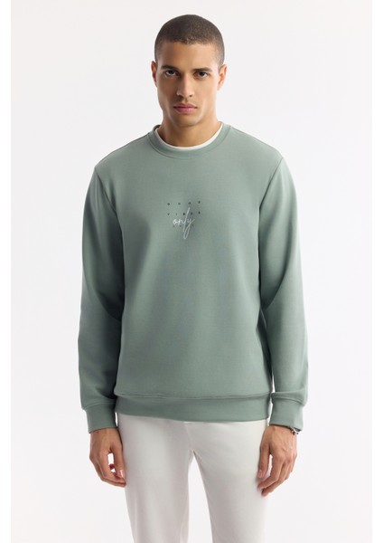 Erkek Mint Yeşil Bisiklet Yaka Baskılı Bi-Stretch İnterlok Regular Fit Sweatshirt A51Y1235