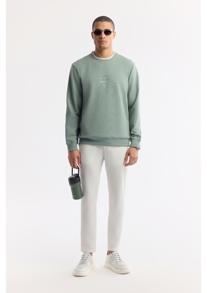 Erkek Mint Yeşil Bisiklet Yaka Baskılı Bi-Stretch İnterlok Regular Fit Sweatshirt A51Y1235